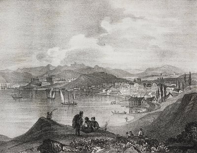 Näkymä Korfulle Mount Olivetolta, Jooniansaaret, Kreikka, Salvatore Puglian litografia Poliorama Pittorescosta, n:o 25, 25. tammikuuta tekijältä Salvatore Puglia