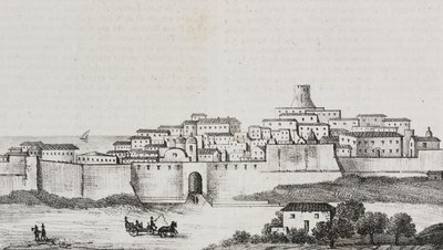 Näkymä Crotonesta, Calabria, Italia, Salvatore Puglian litografia Poliorama Pittorescosta, n:o 12, 26. lokakuuta tekijältä Salvatore Puglia