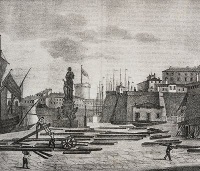Vista da doca de Livorno, Toscana, Itália, litografia de Salvatore Puglia de Poliorama Pittoresco, n 38, 26 de abril finlandês tekijältä Salvatore Puglia