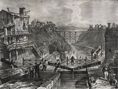 Näkymä Lockportista, New Yorkin osavaltiossa, Yhdysvalloissa, Salvatore Puglian litografia Poliorama Pittorescosta, n:o 1, 10. elokuuta tekijältä Salvatore Puglia