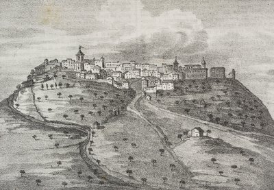 Näkymä Montefuscolosta, tänään Montefusco, Campania, Italia, Salvatore Puglian litografia Poliorama Pittorescosta, n:o 41, 20. toukokuuta tekijältä Salvatore Puglia