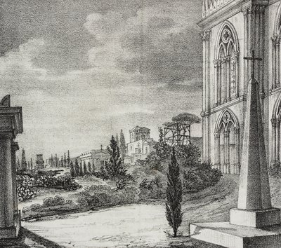 Näkymä goottilaisen luostarin hautausmaalle, Napoli, Campania, Italia, Salvatore Puglian litografia Poliorama Pittorescosta, n:o 34, 1. huhtikuuta tekijältä Salvatore Puglia