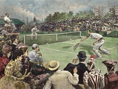Lawn Tennis Championship Wimbledonissa 1891, herrat W Baddeley ja J Pim kilpailevat loppuottelussa (värillinen kaiverrus). tekijältä Samuel (after) Begg