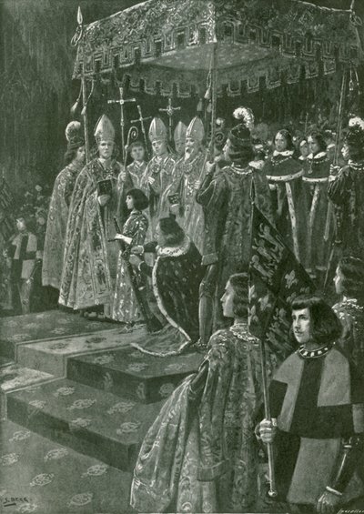 Kannusten ja miekan luovuttaminen Henrik VI:n kruunajaisissa (litografia) tekijältä Samuel (after) Begg