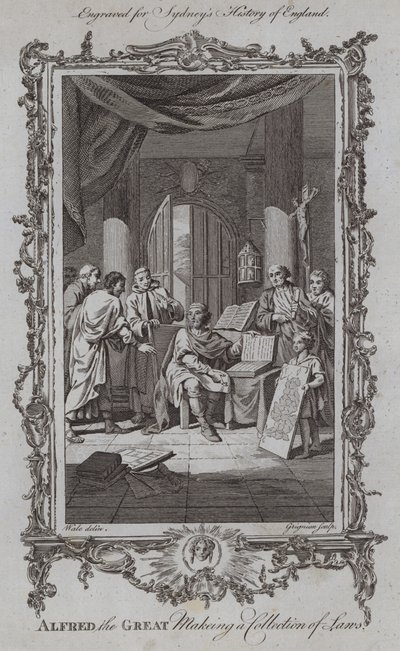 Alfred Suuri laatimassa lakikokoelmaa (kaiverrus) tekijältä Samuel (after) Wale