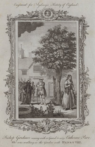 Piispa Gardiner saapuu vartijan kanssa kaappaamaan Catherine Parria, joka käveli puutarhassa Henry VIII:n kanssa (kaiverrus) tekijältä Samuel (after) Wale