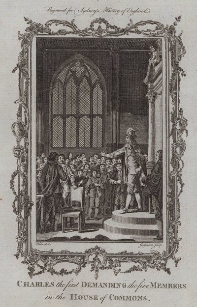 Charles ensimmäinen, joka vaatii alahuoneen viittä jäsentä (kaiverrus) tekijältä Samuel (after) Wale