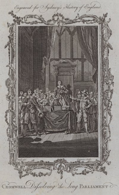 Cromwell hajottaa pitkän parlamentin (kaiverrus) tekijältä Samuel (after) Wale