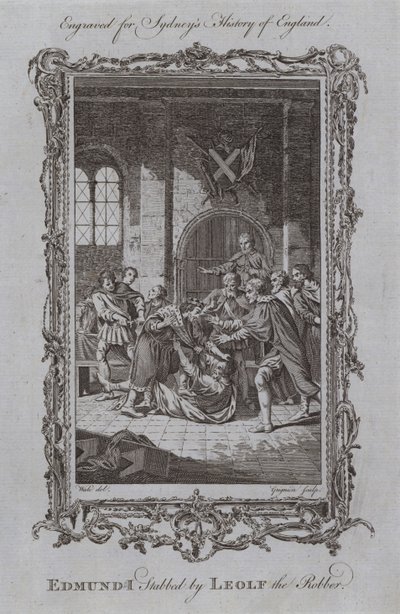 Leolf Ryöstäjä puukotti Edmund I (kaiverrus) tekijältä Samuel (after) Wale