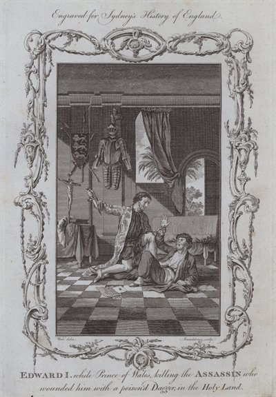 Edward I, kun Walesin prinssi tappoi salamurhaajan, joka haavoitti häntä myrkytetyllä tikarilla, Pyhässä maassa (kaiverrus) tekijältä Samuel (after) Wale