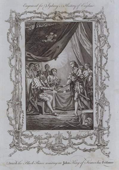 Edward Musta prinssi odottaa Johnin Ranskan kuningasta vankiaan (kaiverrus) tekijältä Samuel (after) Wale