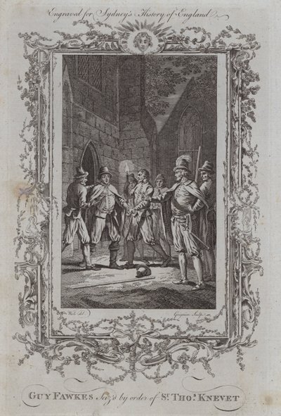 Guy Fawkes takavarikoitu Sir Thomas Knevetin määräyksestä (kaiverrus) tekijältä Samuel (after) Wale
