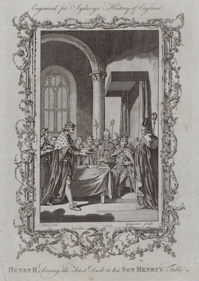 Henry II tarjoilee ensimmäisen annoksen pojalleen Henryn pöytään (kaiverrus) tekijältä Samuel (after) Wale