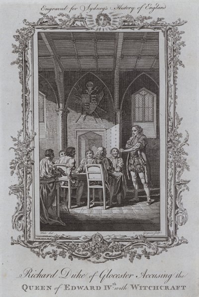 Richard Gloucesterin herttua syyttää Edward IV:n kuningatarta noituudella (kaiverrus) tekijältä Samuel (after) Wale