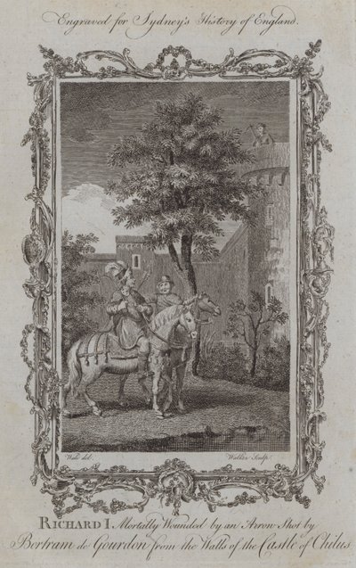Richard I haavoittui kuolettavasti Bertram de Gourdonin Chiluksen linnan muureista ampumalla nuolen (kaiverrus) tekijältä Samuel (after) Wale