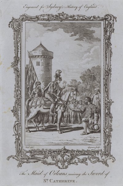 Orleansin piika vastaanottaa Pyhän Katariinan miekan (kaiverrus) tekijältä Samuel (after) Wale