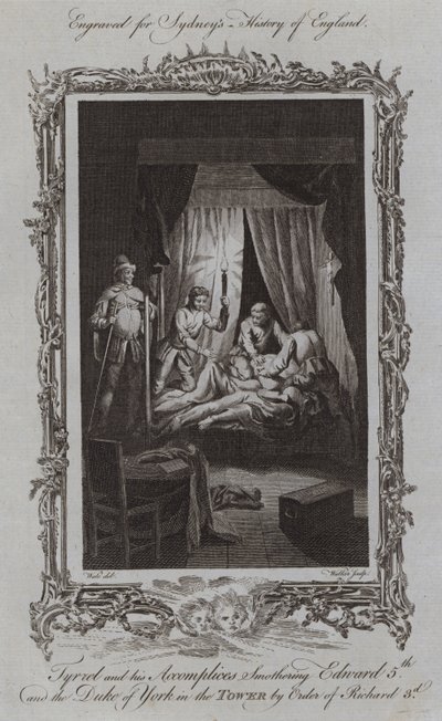 Tyrrel ja hänen rikoskumppaninsa tukahduttamassa Edward V:n ja Yorkin herttuan tornissa Richard III:n määräyksellä (kaiverrus) tekijältä Samuel (after) Wale