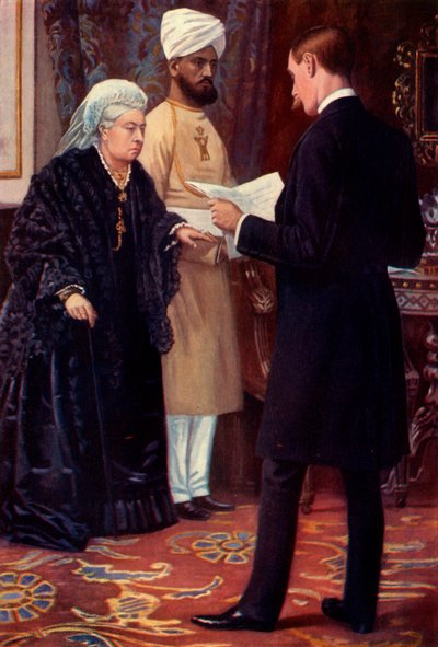 "Kuningatar kuuntelee lähetystä rintamalta", 1900. tekijältä Samuel Begg