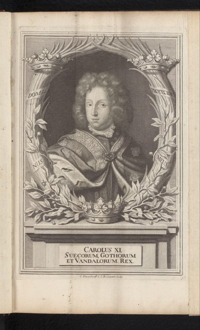 Portret van Karel XI van Zweden Kaarle XI, Ruotsin goottien ja vandaalien kuningas (otsikko esineessä) Ruotsi Ancient and Modern (sarjan nimi) tekijältä Samuel Blesendorf