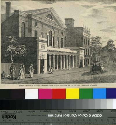 First Chestnut Street Theatre, Fifth and Chestnut Streetin koilliskulma, n. 1820 (puupiirros) tekijältä Samuel Castner