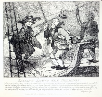 Purjehdus Hebridien keskuudessa julkaisusta "Picturesque Beauties of Boswell, Part the First", kaivertanut Thomas Rowlandson, 1786 tekijältä Samuel Collings