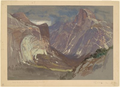 Half Dome ja Royal Arches, Yosemite, Glacier Pointista (w/c ja guassi harmaalla paperilla) tekijältä Samuel Colman