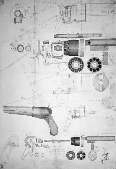 Alkuperäiset piirustukset kymmenkammioisesta revolverista, josta tuli myöhemmin vuonna 1836 patentoitu kuusikammioinen revolveri, noin 1830 (tussi ja tussi paperille). tekijältä Samuel Colt