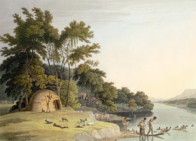Korah Hottentot -kylä Orange-joen vasemmalla rannalla, levy 1 Afrikan maisemista ja eläimistä, taiteilijan kaivertama, 1804 (akvatinta) tekijältä Samuel Daniell
