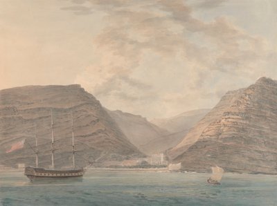 Man of War ankkuroituna satamaan, vuoria taustalla tekijältä Samuel Davis