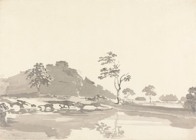 River Scene, jossa on linnoitus kukkulalla keskietäisyydellä tekijältä Samuel Davis