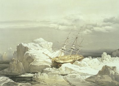 H.M.S.:n kriittinen asema Tutkija Baring Islandin pohjoisrannikolla, 20. elokuuta 1851, kaivertanut William Simpson, julkaissut Ackermann und Co., 1854 tekijältä Samuel Gurney Cresswell