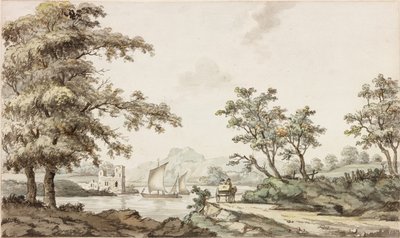 Joki purjeveneiden ja hevosen ja kärryjen kanssa (muste (musta) ja akvarelli paperilla) tekijältä Samuel Henry Alken