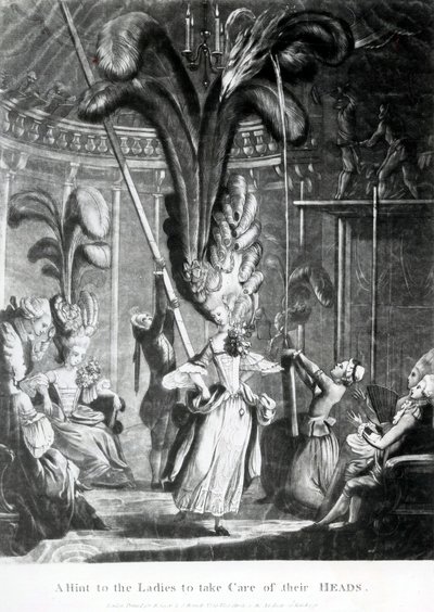 Vihje naisille pitää huolta päistään, julkaisija Sayer und Bennett (1774-1786), 1776 (mezzotint) tekijältä Samuel Hieronymous Grimm