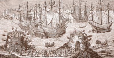 Henry VIII lähdössä Doveriin, The Royal Society of Antiquitiesin julkaisemasta isosta kirjasta tekijältä Samuel Hieronymous Grimm
