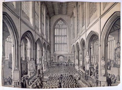 Näkymä itäpäästä Bath Abbeyn sisäpihalle seurakunnan kanssa tekijältä Samuel Hieronymous Grimm