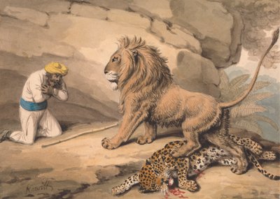 Leijona seisomassa haavoittuneen leopardin päällä tekijältä Samuel Howitt