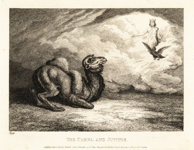 Kameli kerjäämässä Jupiterilta sarvia. 1811 (etsaus) tekijältä Samuel Howitt