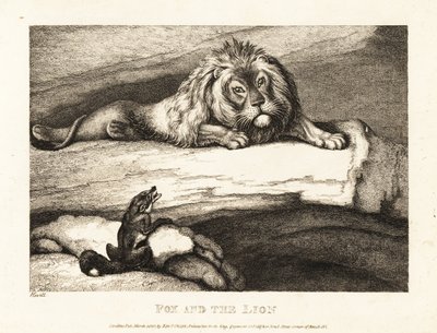 Kettu lähestyy typerästi urosleijonaa luolassaan. 1811 (etsaus) tekijältä Samuel Howitt