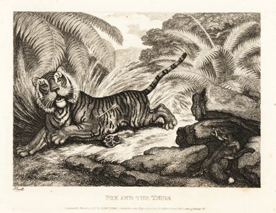 Kettu katselee haavoittunutta tiikeria. 1811 (etsaus) tekijältä Samuel Howitt