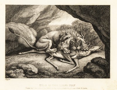 Leijona syö polttarin ruhoa luolassa. 1811 (etsaus) tekijältä Samuel Howitt