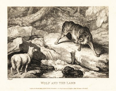 Susi yrittää oikeuttaa karitsan tappamisen lähellä jokea. 1811 (etsaus) tekijältä Samuel Howitt