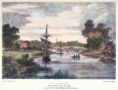 Stourport-on-Severn, Worcestershire, sillan yläpuolelta, c1795. tekijältä Samuel Ireland