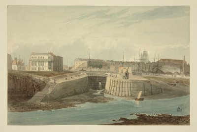 Sisäänkäynti Bathurstin altaalle New Cutista, n. 1825 (kynä ja muste vesivärillä paperilla) tekijältä Samuel Jackson