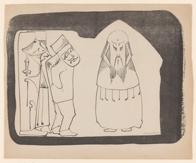 Fantasia: vasemmalla kolme oikealla olevaa hahmoa, oikealla frontaalinen kiinalainen hahmo tekijältä Samuel Jessurun de Mesquita (signed by artist)
