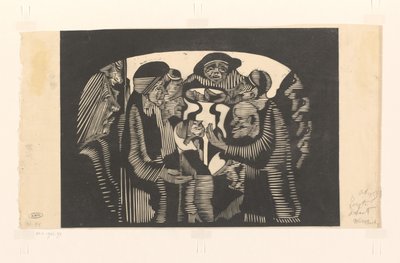Ryhmä hahmoja kaaressa Visionäärinen mielikuvitus: joukko kaaren muotoisia hahmoja, ylhäällä keskellä edessä mies hattu tekijältä Samuel Jessurun de Mesquita (signed by artist)