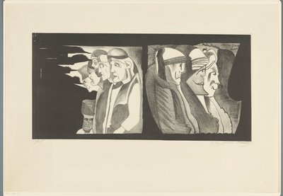 Kaksi ryhmää hahmoja selkä toisiaan vasten tekijältä Samuel Jessurun de Mesquita (signed by artist)