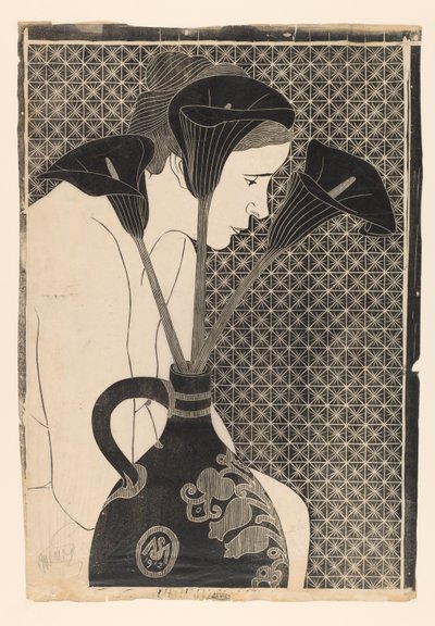 Nainen alaston maljakon takana, jossa on arum Black Arum (alkuperäinen nimi) tekijältä Samuel Jessurun de Mesquita (signed by artist)