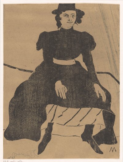 Istuva nainen hattu ja musta mekko, kädet polvillaan tekijältä Samuel Jessurun de Mesquita (signed by artist)