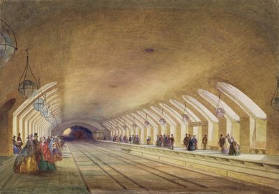 Baker Street Station, 1863 (wc ja vartaloväri kynällä ja musteella paperille) tekijältä Samuel John Hodson
