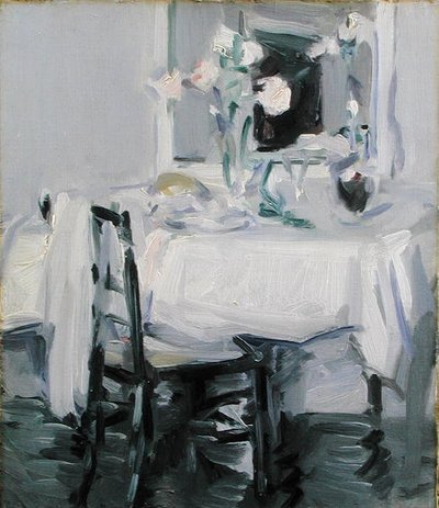 Sisustus ruusuilla maljakossa pöydällä (öljy kankaalle) tekijältä Samuel John Peploe